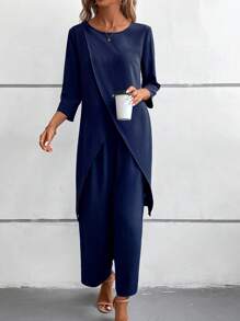 EMERY ROSE Women 2pcs Set - Solid Color Wrap Hem Casual 3/4 Sleeve Blouse & Elastic Waist Long Pants, Autumn