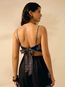 CAJUNI Women's Boho Pineapple & Tropical Plant Print V-Neck Lace-Up Back Camisole Tank Top, Casual Vacation Beach Wear For Summer