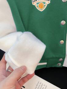 Tween Girls Casual Short Loose Contrast Badge Print Bomber Jacket - Green - View 4