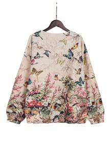 SHEIN LUNE Áo len dài tay cổ tròn họa tiết hoa cỡ lớn cho nữ - Màu be - Xem 2