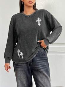 SHEIN EZwear Sudadera holgada de manga larga con cuello redondo, de tejido de punto suave con estampado en cruz, en look retro vintage con lavado ácido, para mujeres de talla grande para usar en campus y calle en otoño