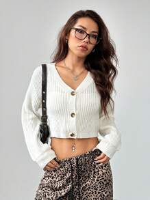 SHEIN PETITE White Lantern Sleeve Button Front Rib Knit Cardigan,Off The Shoulder Sweater In Fall/Winter - White - View 5