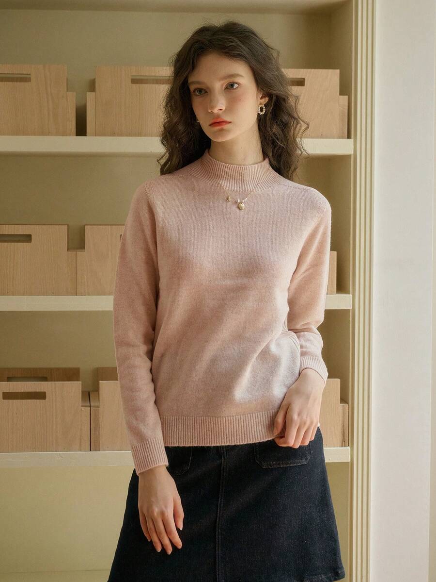 Simple Retro Women's Wool Half High Neck Solid Color Pullover Sweater - Pink - View 1