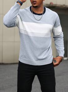 Manfinity Homme Plus Size Heren Color Block Patchwork Gebreide Trui, Casual Voor Herfst/Winter Grijze Trui
