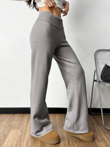 SHEIN EZwear 纯色高腰喇叭下摆针织阔腿裤，休闲风，秋冬 - 灰色 - 查看 3