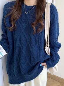 DAZY Women's Round Neck Loose Cable Knit Diamond Pattern Sweater, Sapphire Blue,Fall Clothes - Royal Blue - View 8