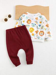 Cozy Pixies 2pcs Baby Boy Cartoon Animal Print Knitted Soft Round Neck Long Sleeve Pullover Sweatshirt & Solid Color Pants Set - Burgundy - View 2