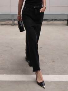 DAZY Women's Long Denim Fish Tail Skirt Jeans Skirt - Black - View 4