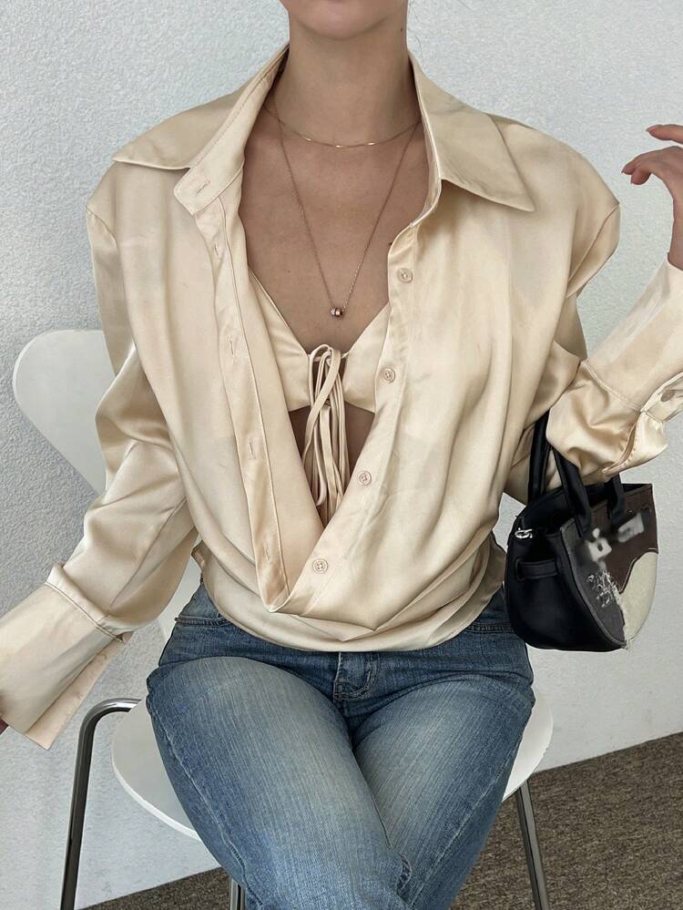 1pc Women Plain Front Button Long Sleeve Casual Elegant Double Layer Lapel Shirt