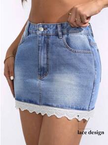 Women's Pockets Patchwork Embroidery Scalloped Hem Bodycon Denim Skirt - Blue - View 4