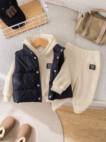 SHEIN 3 件套男婴休闲保暖背心夹克、连帽运动衫和裤子套装，适合秋冬季 - 杏色 - 查看 7
