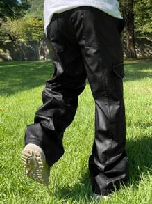 DAZY Black PU Leather Cargo Pants, Loose Fit For Men, Autumn - Black - View 2