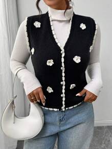 SHEIN Frenchy Casual 3D Floral Pattern Black & White Knitted Cardigan, Plus Size, Suitable For Autumn & Winter