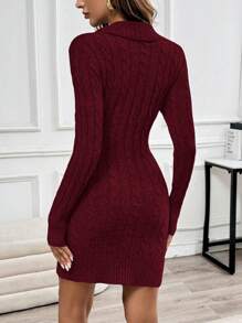 EMERY ROSE Collared Long Sleeve Knitted Sweater Dress, Comfortable Fall Winter Cloth For Women - Burgundy - View 2
