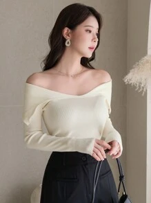 DAZY Women Solid Color Fitted Off Shoulder Long Sleeve Sweater For Autumn,Fall Women Clothes - Khaki - View 7