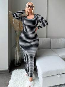 SHEIN SXY Robe ajustée à encolure ras-du-cou à manches longues, grande taille, casual, automne/hiver