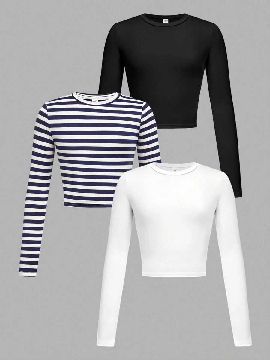 SHEIN 3pcs Tween Girl Fall/Winter Casual Striped & Solid Color Round Neck Long Sleeve T-Shirt Layering Set - Navy Blue - View 1