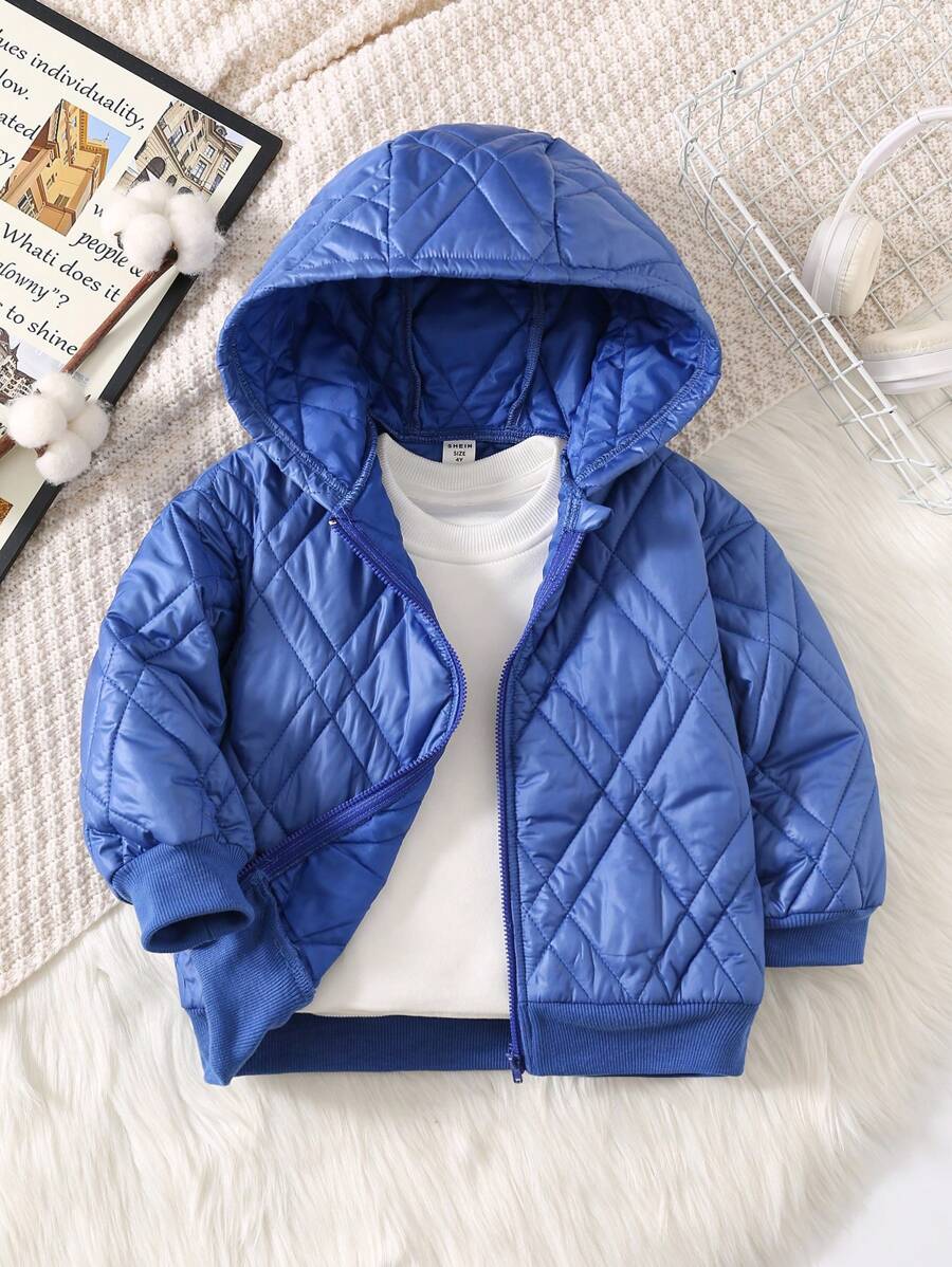 SHEIN Leap Crew 1pc Boys Casual Comfortable Warm Hooded Short Blue Padded Coat, Suitable For Outings, School, Daily Gatherings, Autumn/Winter Season - Royal Blue - View 1