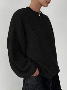 DAZY Women's Loose Fit Round Neck Lantern Sleeve Cardigan - Black - View 3