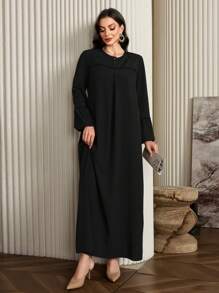 Al Najma Women Solid Color Button Decorated Half-Placket Lantern Sleeve Elegant Arabian Dress, Casual Modest Long Sleeve Tunic Maxi Arabian Dresses, For Casual Daily/Homewear
