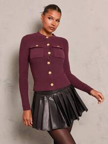 Glamine 1 件女式纯色长袖单排扣修身休闲开衫，秋季 - 棕色 - 查看 4