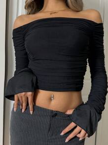 SHEIN EZwear 1pc Solid Color Long Sleeve Minimalist Pleated Tight-Fitting Off-Shoulder Knitted Top, Casual Everyday Wear - Black - View 4