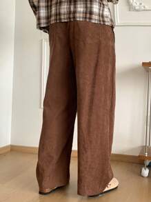 Mainfolk Celana Panjang Pria Tenun Kasual Warna Polos dengan Saku dan Tali Serut di Pinggang, Model Lurus, Modis & Nyaman - Coklat - View 2