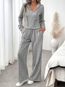 SHEIN LUNE 2 件套女士休闲街头运动连帽开衫和直筒裤，灰色，秋季 - 灰色 - 查看 6