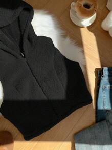 Comfortcana Women Solid Color Front Zipper Sleeveless Casual Hooded Jacket In Fall/Winter