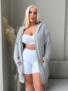 SHEIN SXY Cárdigan de punto de cable de manga larga con capucha y cremallera, de unicolor, talla grande, para otoño/invierno