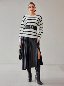 MOTF STRIPED PATTERN DROP SHOULDER OVERSIZE BUTTON DETAIL SWEATER WITHOUT BELT