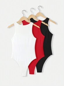 SHEIN BASICS 3pcs/Pack Casual Solid Color Round Neck Sleeveless Fitted Knit Bodysuit For Women/Summer - Red - View 2
