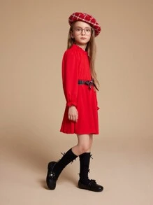 PrepCrw Vestido corto con mangas largas de unicolor con detalle fruncido para niña joven - Rojo - Ver 10