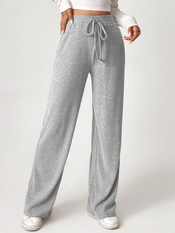 SHEIN Tall Ribbed Knit Knot Front Wide Leg Pants