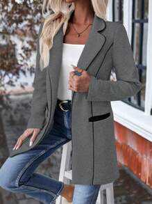 SHEIN LUNE Women Floral Print Colorblock Lapel Pocket Fitted Midi Hoodie Casual Jacket - Dark Grey - View 1