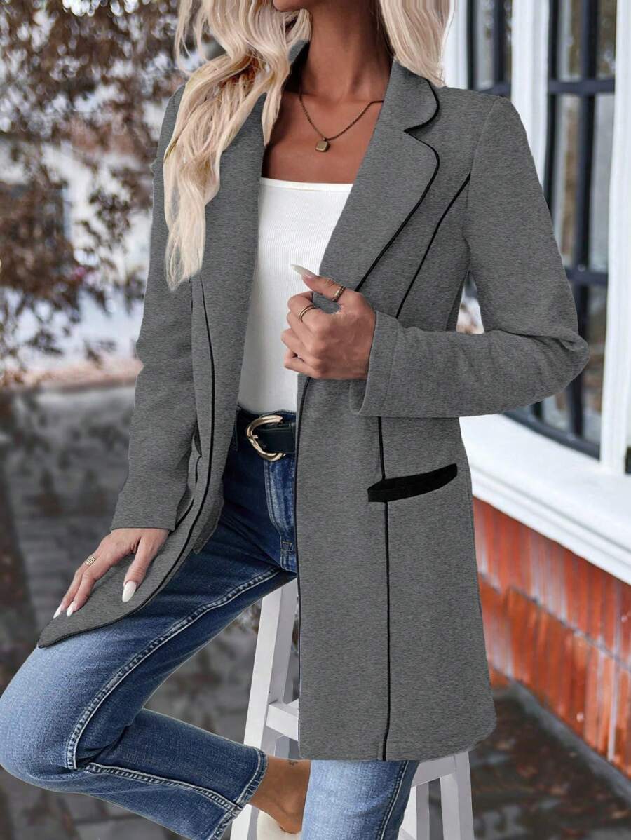 SHEIN LUNE Women Floral Print Colorblock Lapel Pocket Fitted Midi Hoodie Casual Jacket - Dark Grey - View 1