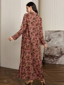 Al Najma Vestido estilo árabe franzido com estampa floral e manga longa com fecho de botão frontal, vestidos árabes estilo boho modesto, para viagens/casual/casa/férias