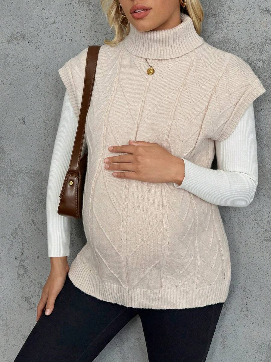 SHEIN Maternity Solid Color Turtleneck Sleeveless Casual Pullover Sweater - Apricot - View 1