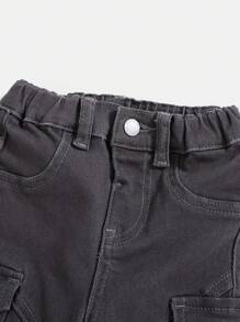 SHEIN Pantalones de carga de mezclilla de alto estiramiento gris oscuro estilo callejero para bebés niños, para usar a diario en otoño/invierno