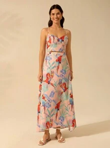 CAJUNI Imprimeu cu papagal colorat în stil boho de damă, maieu cu scoici pe spate, maieu casual pentru vacanță de vară - Multicolor - Vizualizare 12