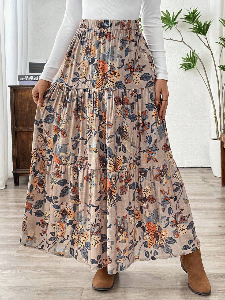 Women's Casual Floral Print Elastic Waist Loose Ruffled Hem Skirt, Autumn