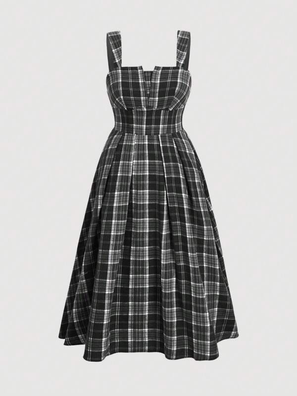 SHEIN MOD Plus Size Women Vintage Plaid Dress, Thermal Lined For Autumn And Winter, Can Be Layered