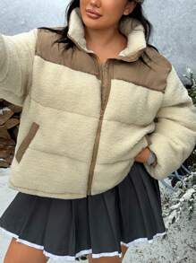 SHEIN SXY Manteau matelassé grande taille à col montant, zippé, avec blocs de couleurs, pour un style casual d'hiver - Kaki - Voir 5