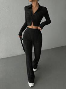 SHEIN EZwear 黑色针织女式拉链长袖短款上衣和紧身裤两件套 - 黑色 - 查看 3