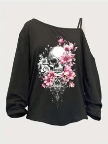 SHEIN LUNE Women's Retro Floral Skull Pattern Cross Shoulder Decorative Elastic Cuff Casual Comfortable Long Sleeve T-Shirt, Spring Summer