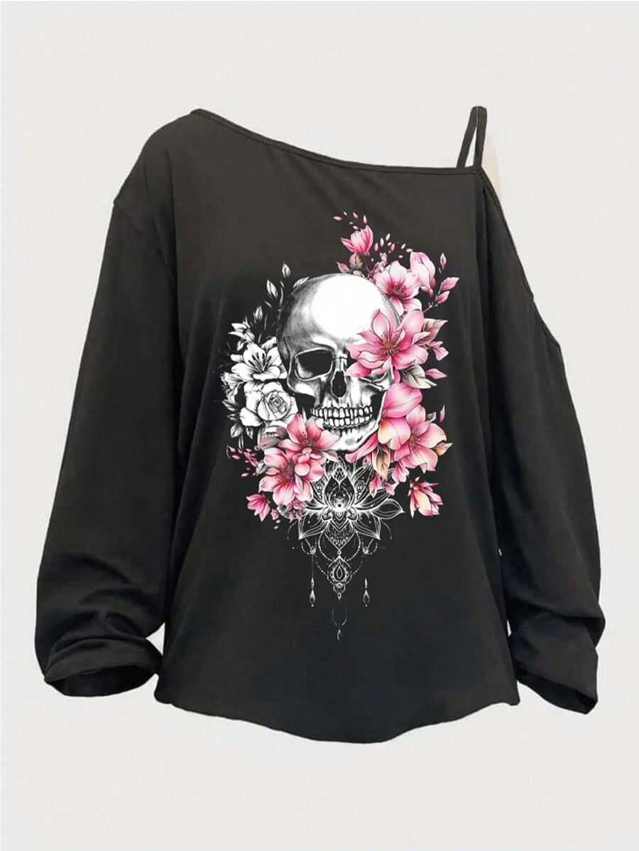 SHEIN LUNE Women's Retro Floral Skull Pattern Cross Shoulder Decorative Elastic Cuff Casual Comfortable Long Sleeve T-Shirt, Spring Summer