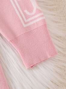 Girls Pink Crew Neck Knit A-Line Dress With Letter Jacquard Knit & Bear Print, For Tween Girl - Pink - View 3