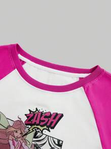 Winx Club X ROMWE Camiseta corta de manga raglán con contraste de color, diseño de personaje de dibujos animados y letras, estilo casual Y2K, para verano - Multicolor - Ver 4