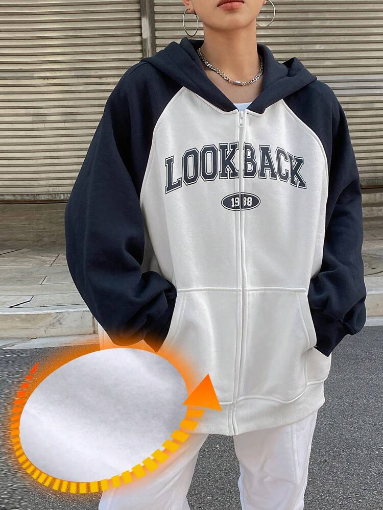 Women's Contrast Color Letter Print Hooded Drawstring Pocket Zip-Up Sweatshirt,Thermal Lined