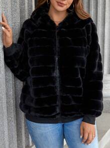 EMERY ROSE Plus Size Simple Plain Zip-Up Front Pocket Casual Faux Rabbit Fur Jacket, For Winter